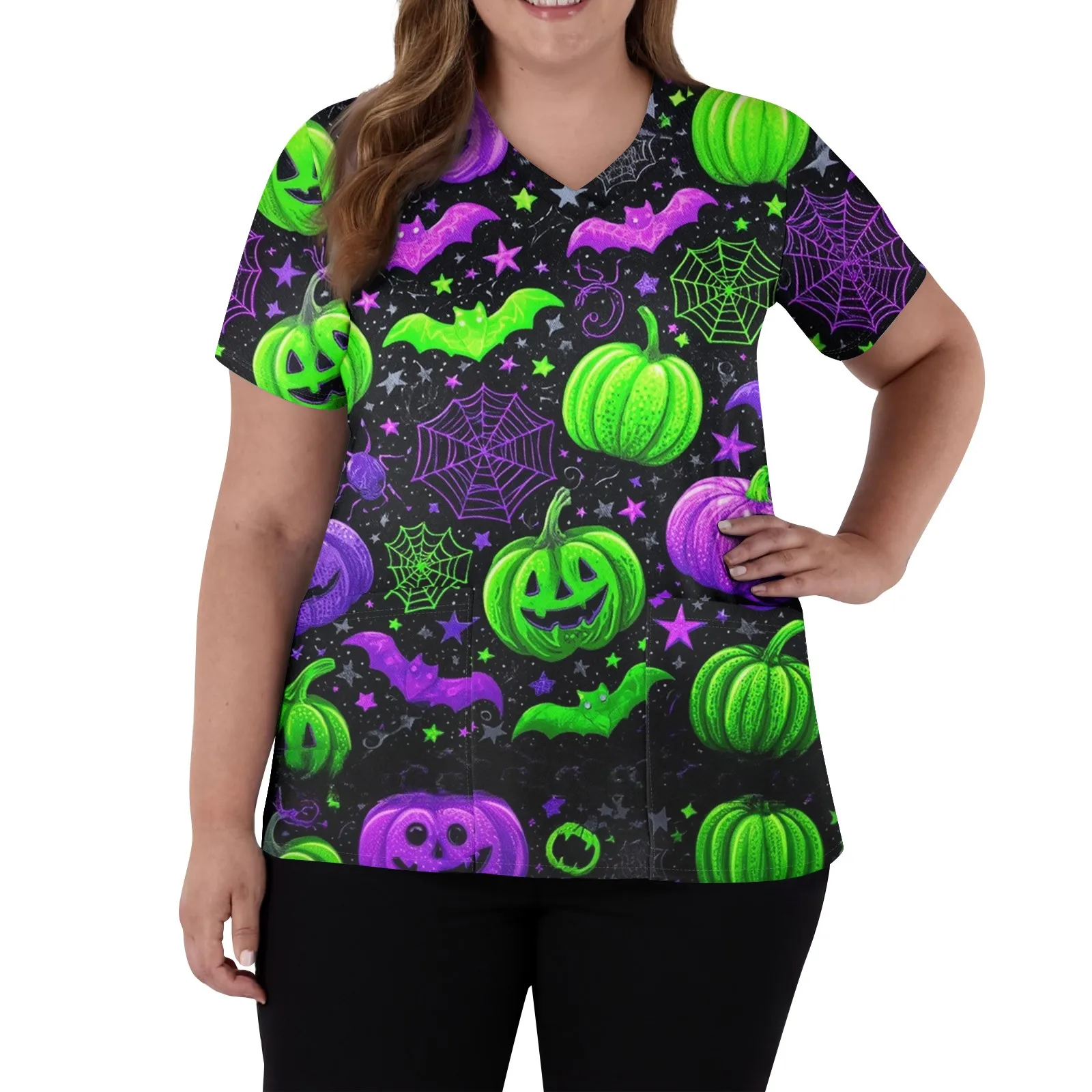 Uniformes médicaux pour femmes, uniformes chirurgicaux dentaires imprimés d'halloween, col en V, manches courtes, gommages noirs, uniforme médical pour femmes