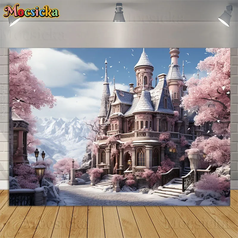 

Castle Winter Snow Photography Background Pink Cherry Tree Flowers Princess Girl Birthday Party Portrait Backdrops Photo Studio