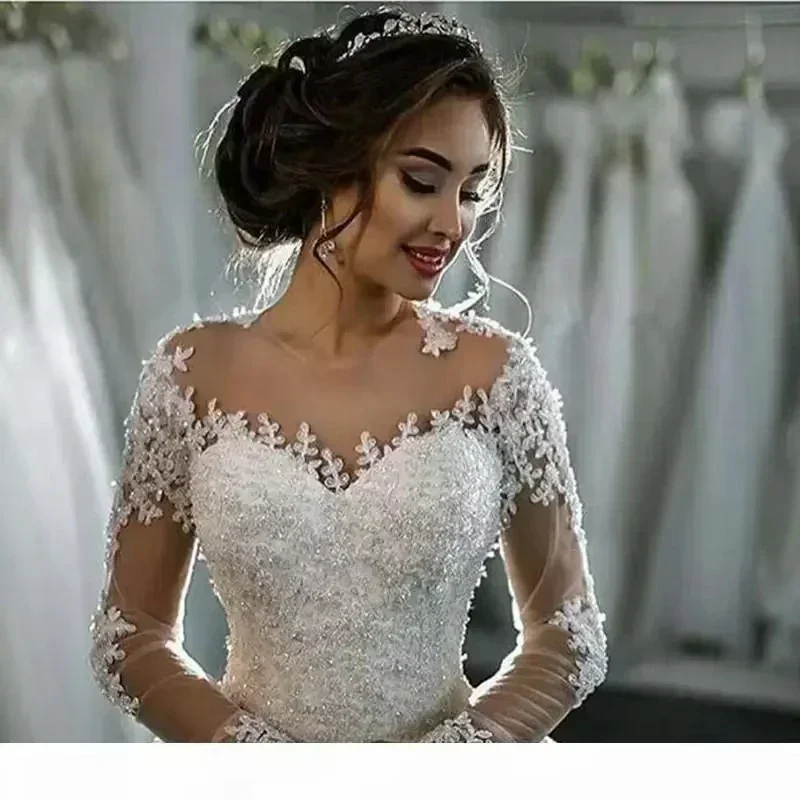Customized Long Sleeves A Line Wedding Dresses Sheer Crew Lace Appliques Cheap Vestios De Novia Bridal Gowns