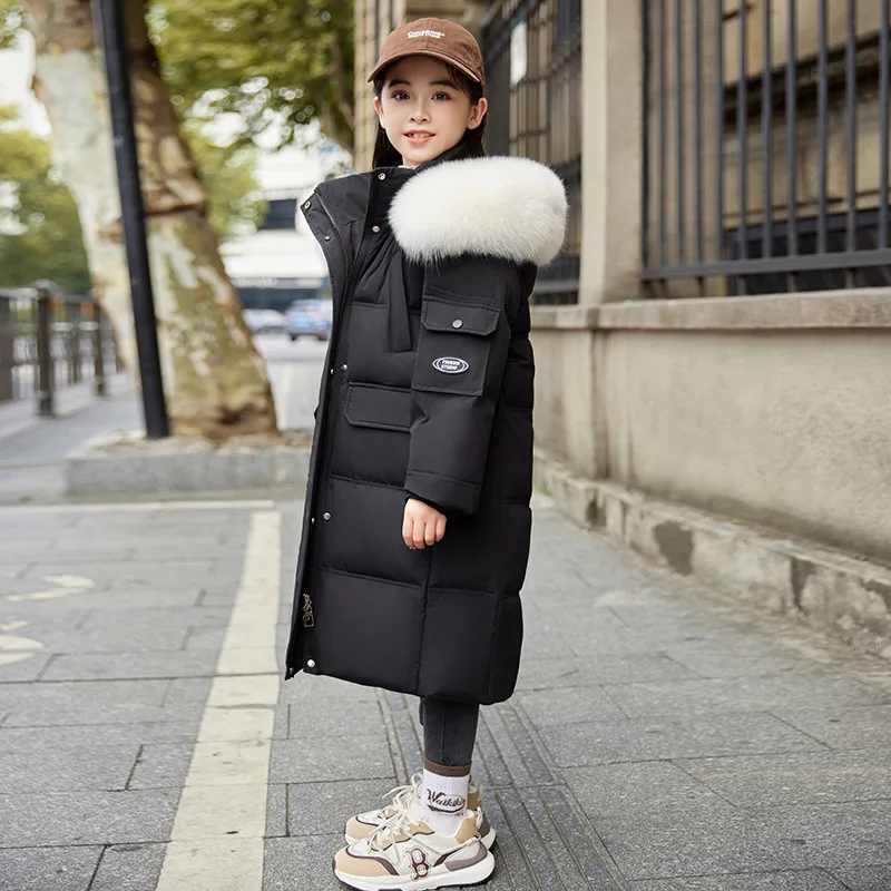 

UNITIM 2025 Winter Kids Girls Down Jacket Fur Hood Zipper Thermal Teenager Girls Puffer Coat 5-12Y Junior Girls Outerwear Coat