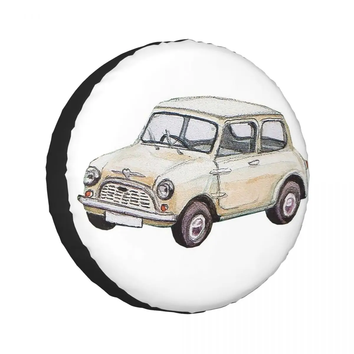 Classic White Mini Cooper In Watercolor Style Spare Tire Cover for Car Trailer 4x4 Wheel Protector Covers 14