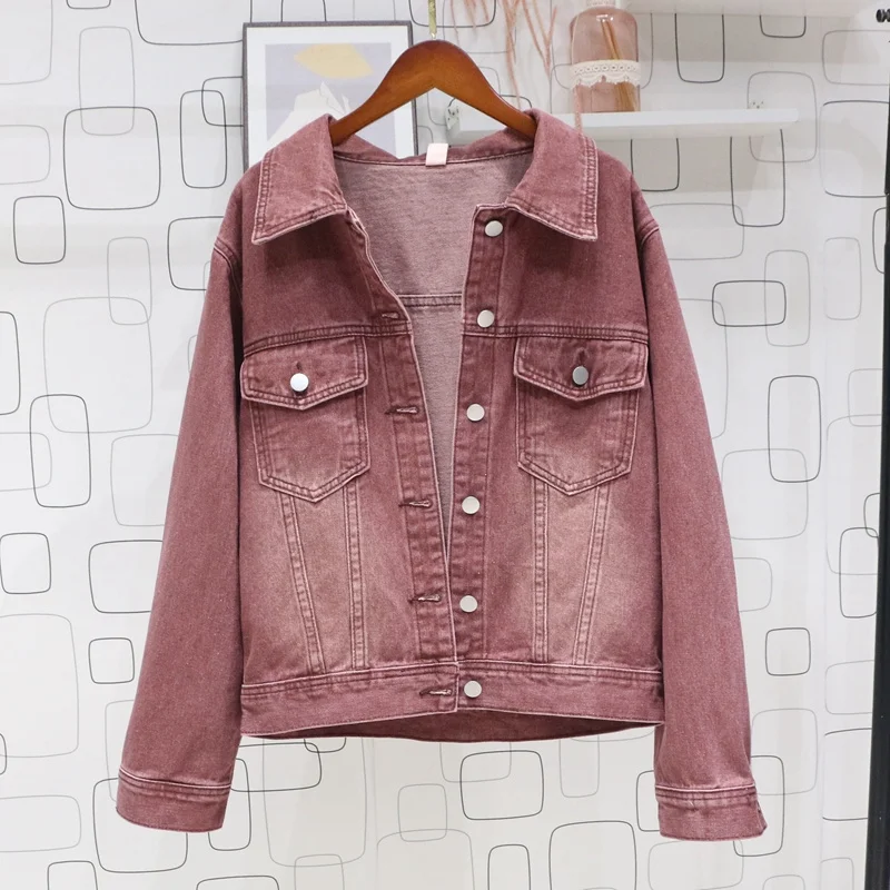 Rose Pink Casual Cowboy Outerwear Women Spring 2024 New Korean Lapel Single-breasted Long Sleeve Jeans Jacket Female Basic Coat