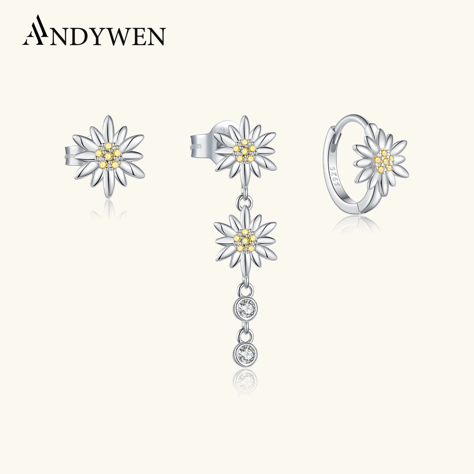 

ANDYWEN, комплект из 3 серег с цветком из стерлингового серебра 925 пробы с желтым цирконом, элегантные цветочные украшения, подарок на каждый день для женщин, 2023 г.