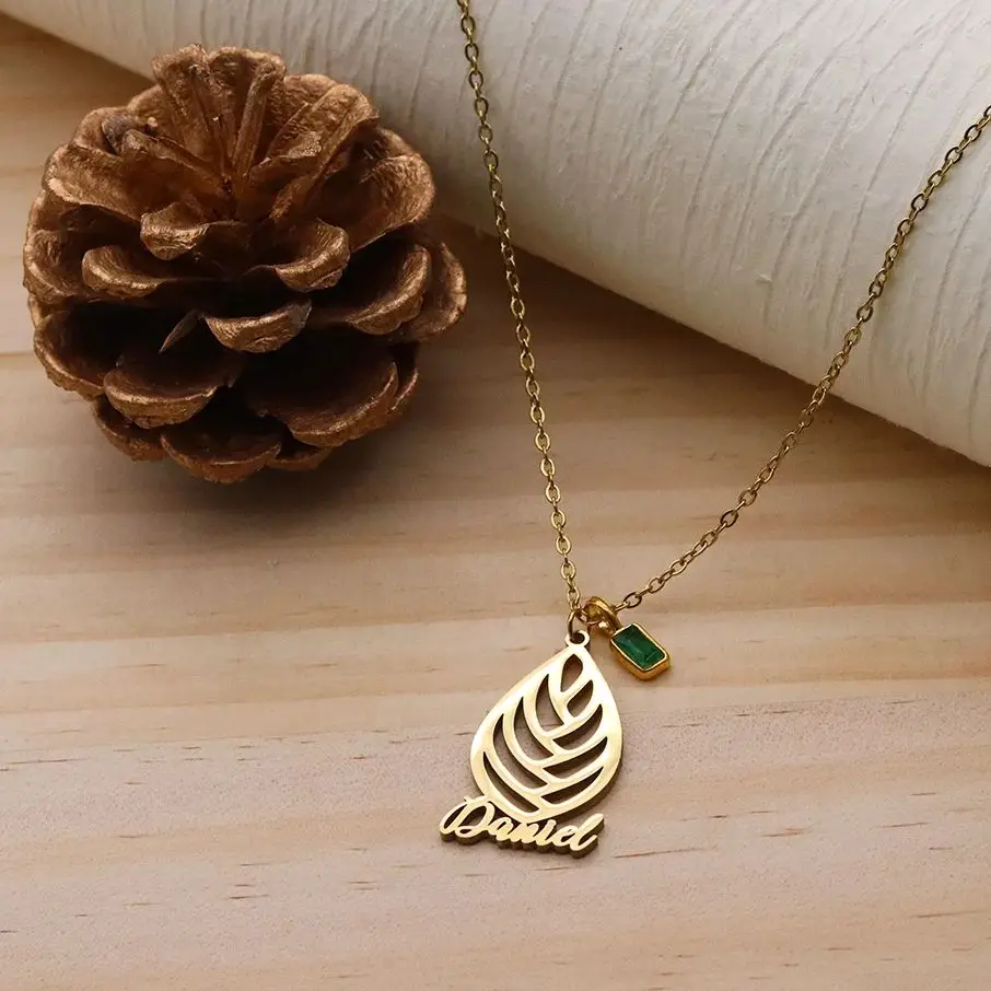 

Todorova Custom Name Stainless Steel Leaf Feather Pendant Necklace Lucky Jewelry For Women Wedding Gift