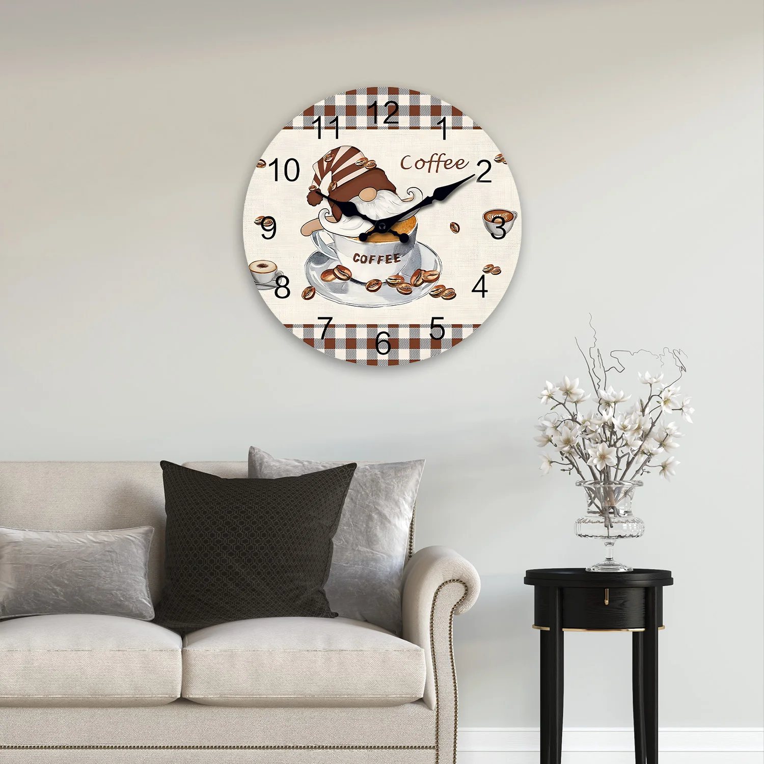 European-Style Hat-Wearing Dwarf Coffee Cup Wooden Wall Clock for Living Room, Bedroom, Kitchen, Home Decoration, Silent Quartz Clock, Holiday Gift, 10 Inches, 12 Inches (No Battery)