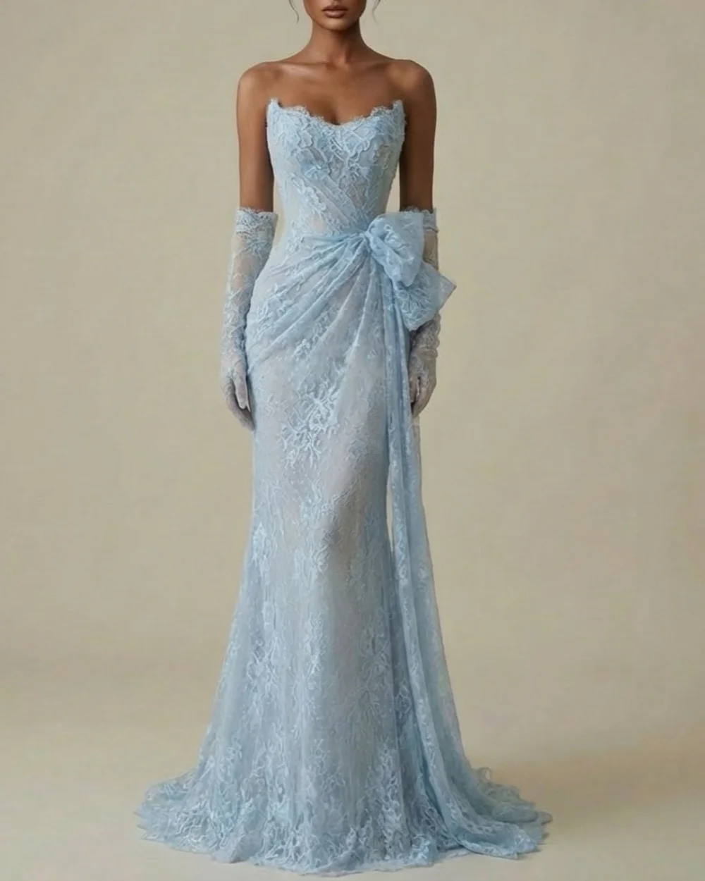 

Customized Sky Blue Pastrol Elegant Lace Pleat Bow Ruched Mermaid Strapless Long Dresses Evening Dresses Casual High Quality