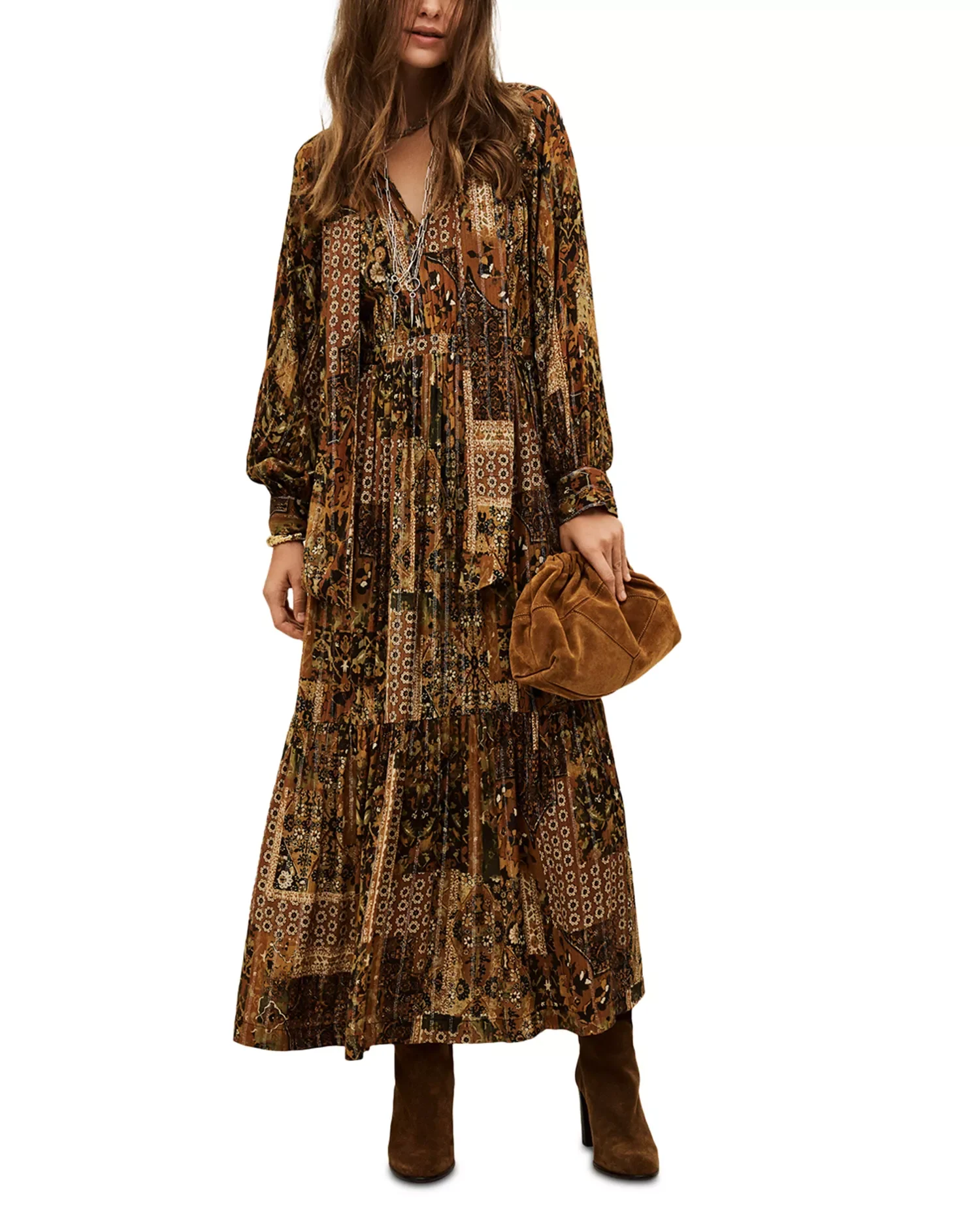 

2025 Autumn Winter Gold-Print V-Neck Tie-Waist Dress with Round-Neck Top and Skirt Set 25881