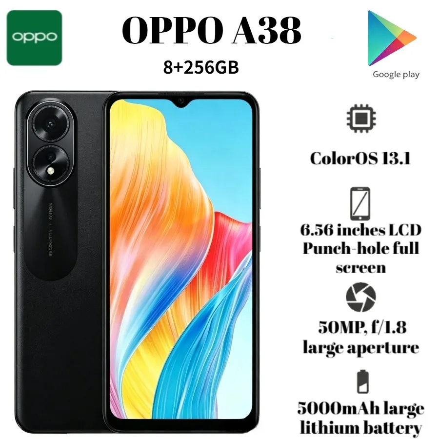 2026 New Global Unlocked OPPO A38 8+256GB Extended RAM 18W Fast Charge 5000mAh Battery Budget Android Phone