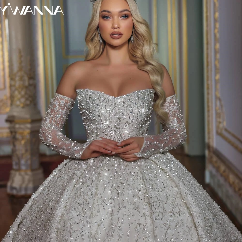 

Luxury Detachable Sleeve Wedding Dress With Train Sequined Beads Pearls Bridal Gown 2025 Customized Ball Gowns Dresses For Bride