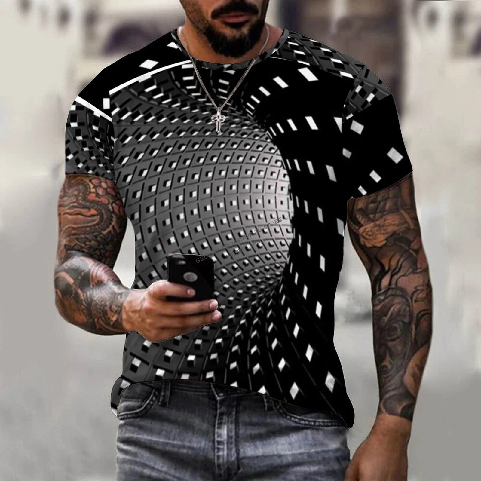 

Футболка мужская с круглым вырезом, модная нишевая тенниска с коротким рукавом, круглая майка с 3D-принтом оптической иллюзии, лето