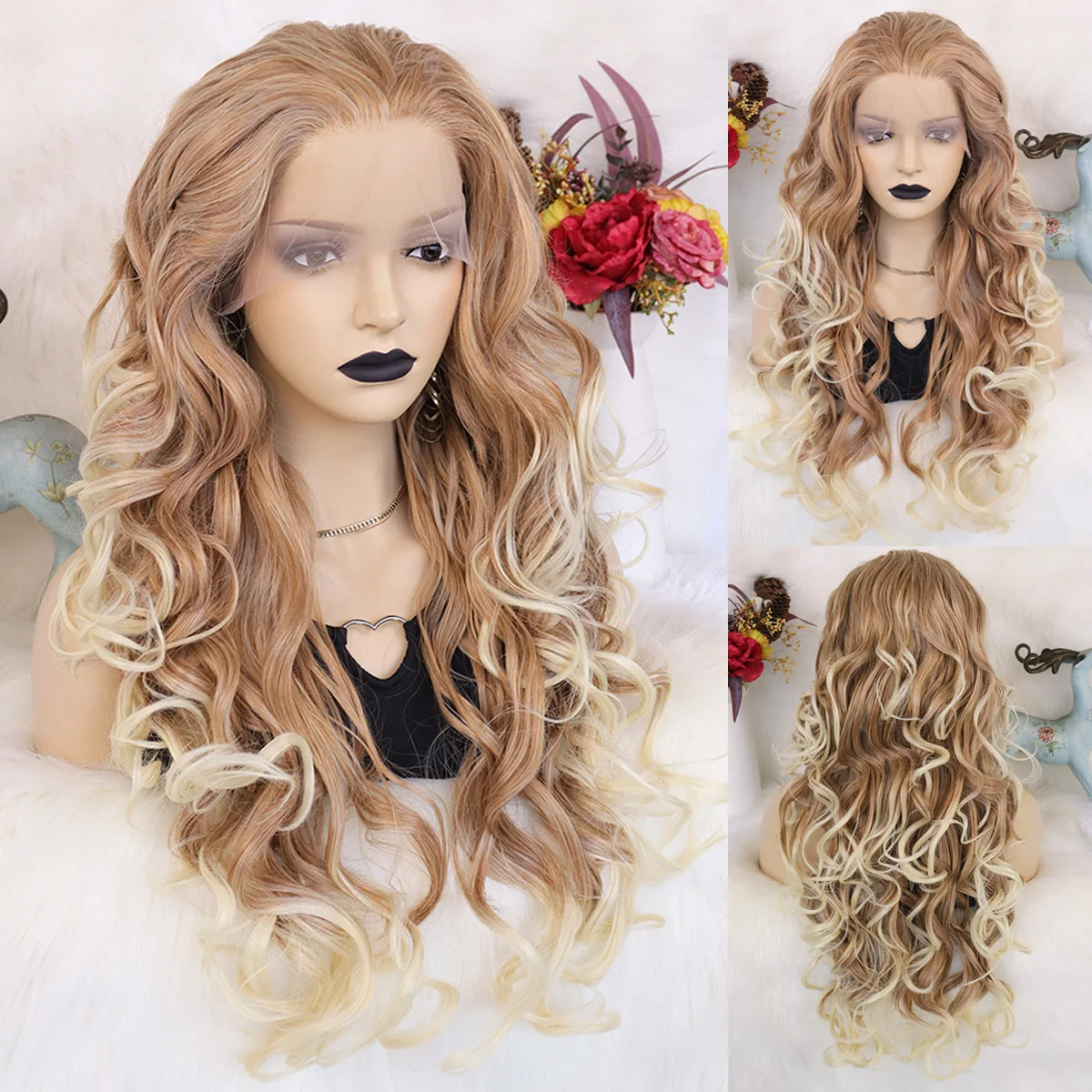 

﻿ 13*2 Transparent Lace Front Wig Brown To Blonde Gradient Long Voluminous Curly Wig Heat Resistant Hair For Ladies