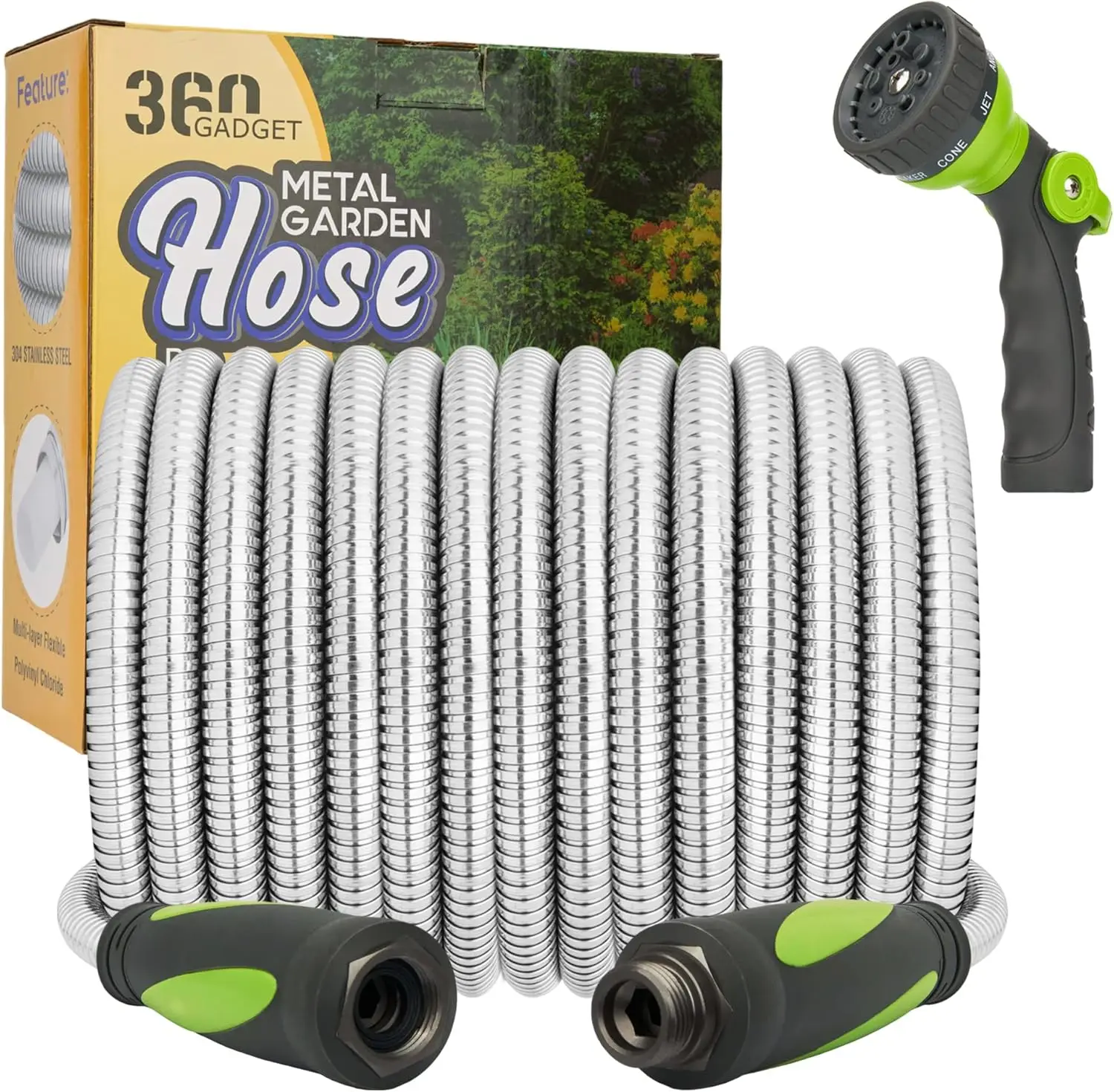 Garden Hose - Water Hose 50 FT with Swivel Handle & 8 Function Nozzle, Flexible, Heavy Duty, No Kink, Lightweight Metal Hose