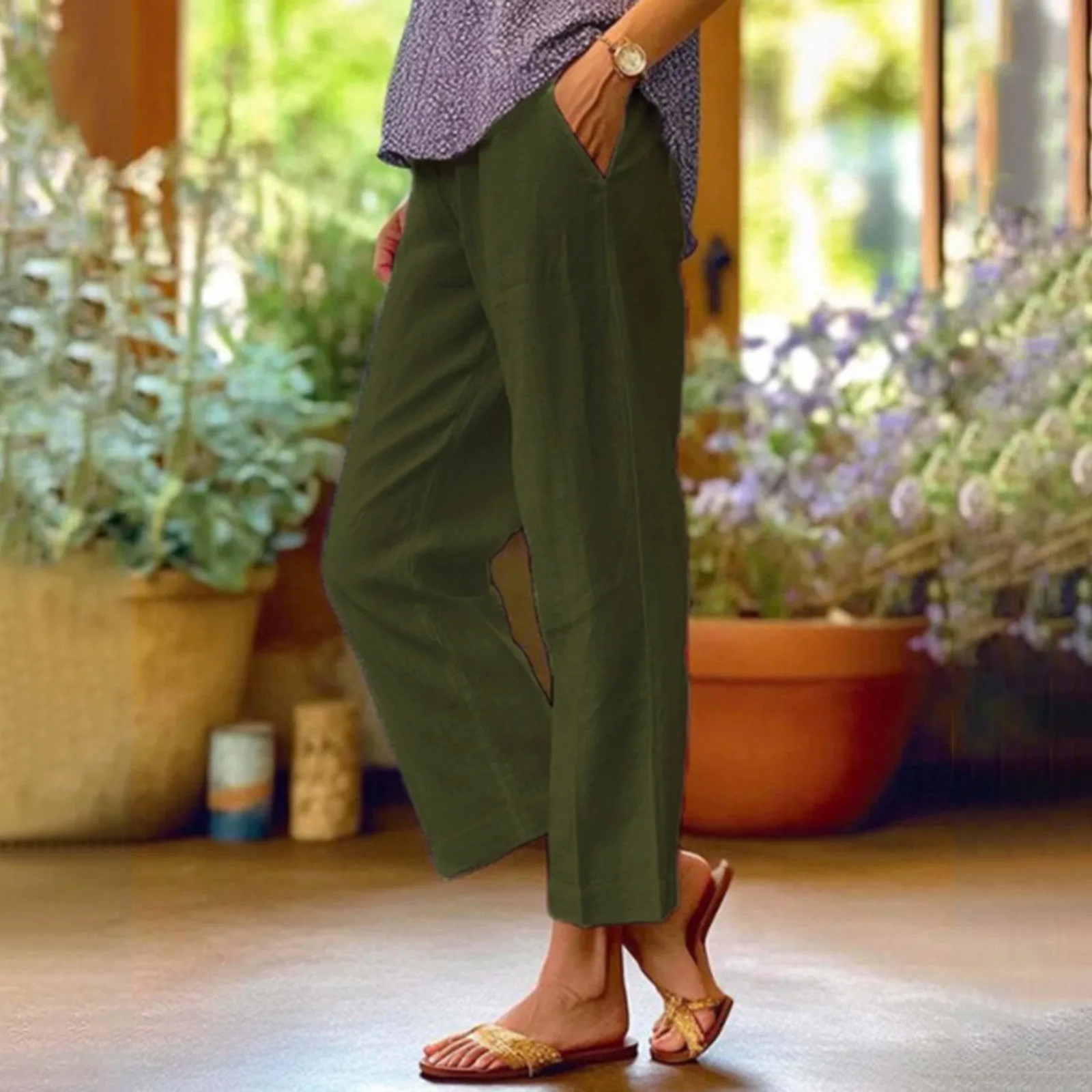 Women's 2024 New Chic Fashion Casual Straight-leg Pants Retro Solid Color High Waist Loose Long Pants Beachwear