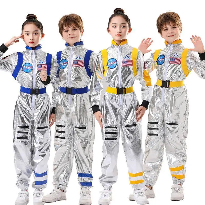 Kostium kosmonauty, strój astronauty, przebranie pilota, strój na Halloween, odzież sceniczna, strój na wystawę szkolną, modelka.