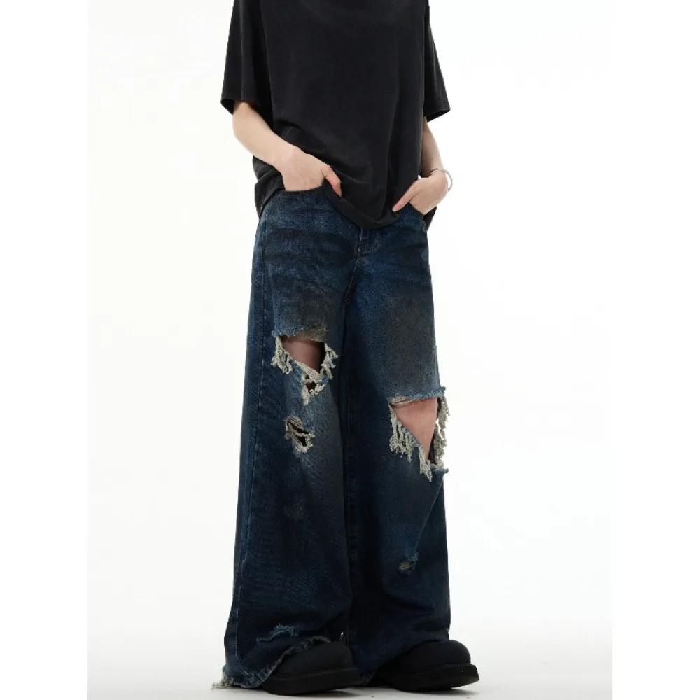 High Street Retro desgastado diseño desgastado hasta el suelo Jeans Mujer High Street pantalones de pierna ancha sueltos y versátiles