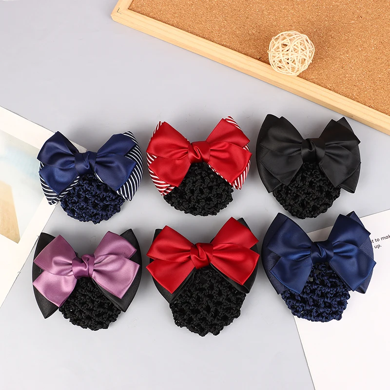 Women Professional Bow Ribbon Hair Clip Nurse Hotel Postal Bank Stewardess A Mesh Bag For Tying Hair Hairpins Net Bun Hairgrips