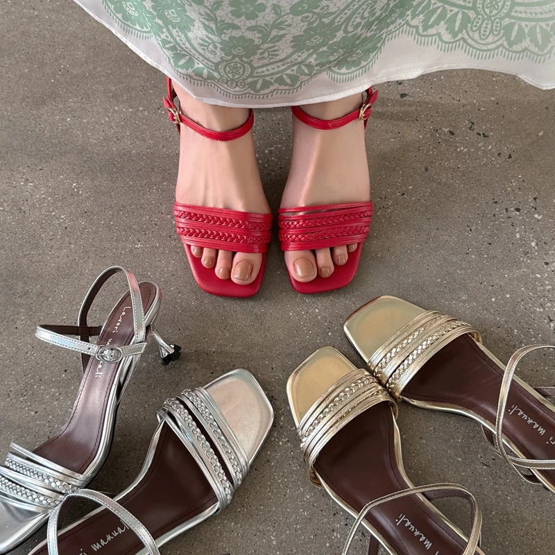 

Women's new summer leather French woven loose grip high heels with exposed toes, breathable fishmouth shoes, fashion sandals