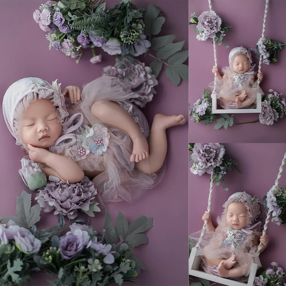 Baby Girl Newborn Photoshoot Outfits Purple Theme Set Lace Dress Floral Hats Photography Clothing Infant Photo Background Props