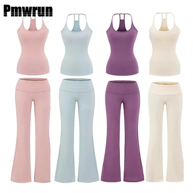 

PMWRUIN 2 Piece Yoga Sets For Women Tracksuit Halter Neck Tank Top & Flare Leggings Breathable Fitness Workout Clothes For Gym