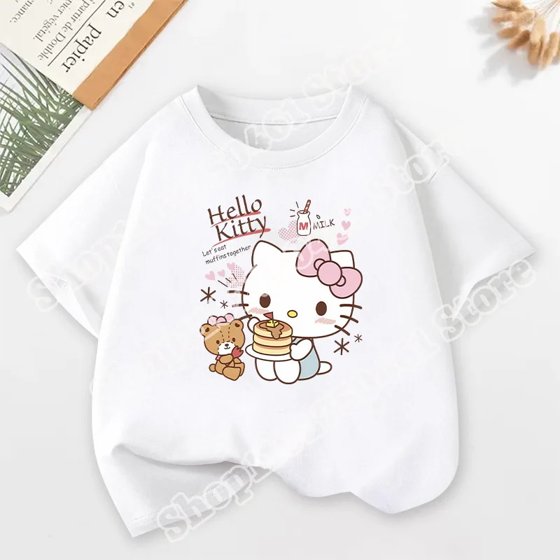 سانريو الطفل تي شيرتات قصيرة الاكمام الكرتون مرحبا كيتي طباعة القطن الأعلى الفتيات Kawaii الصيف عادية جولة الرقبة تيز هدايا عيد الميلاد