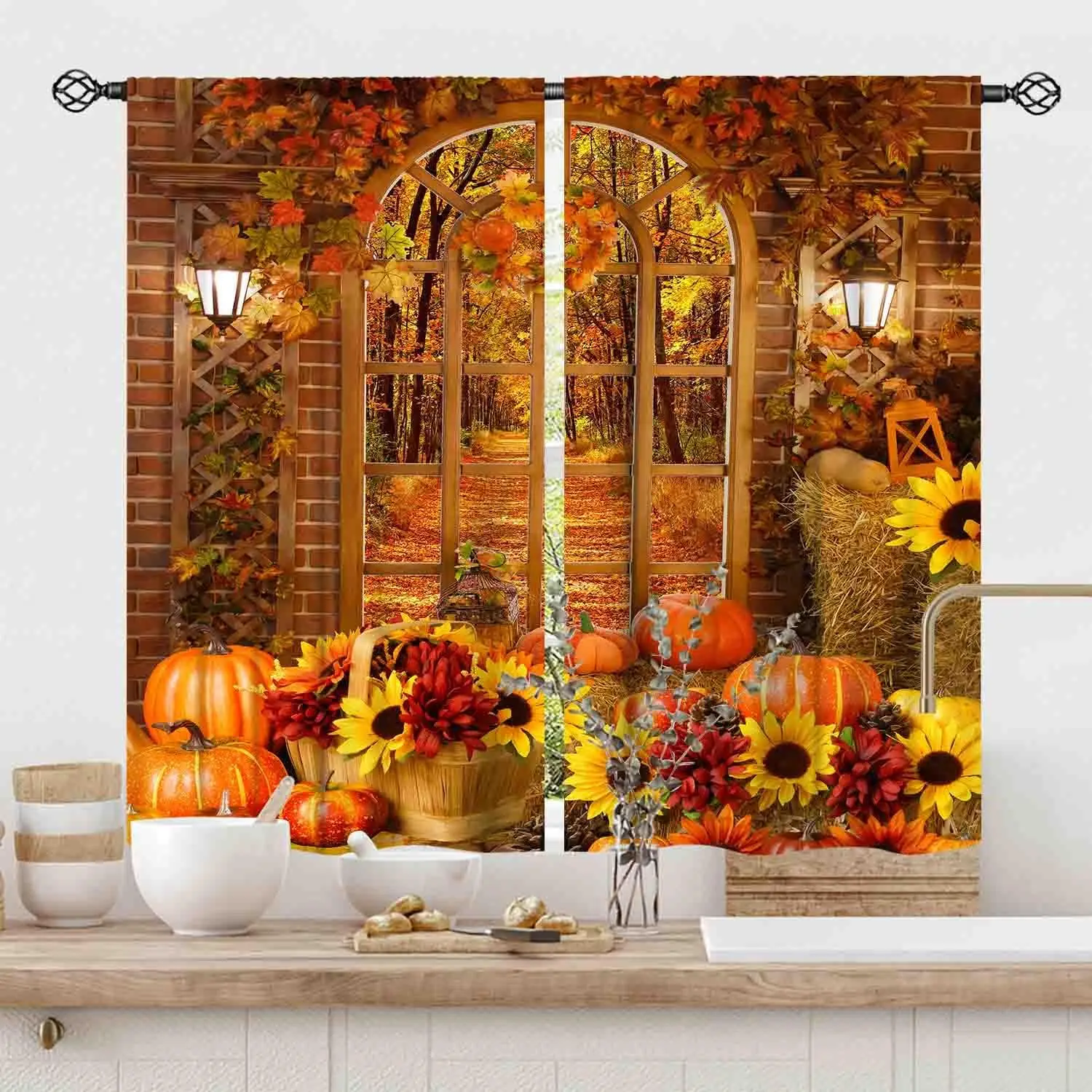 Autumn Curtains for Living Room,Farmhouse Thanksgiving Fall Landscape Scenery Pumpkin Maple Leaves Rustic Country Harvest Window