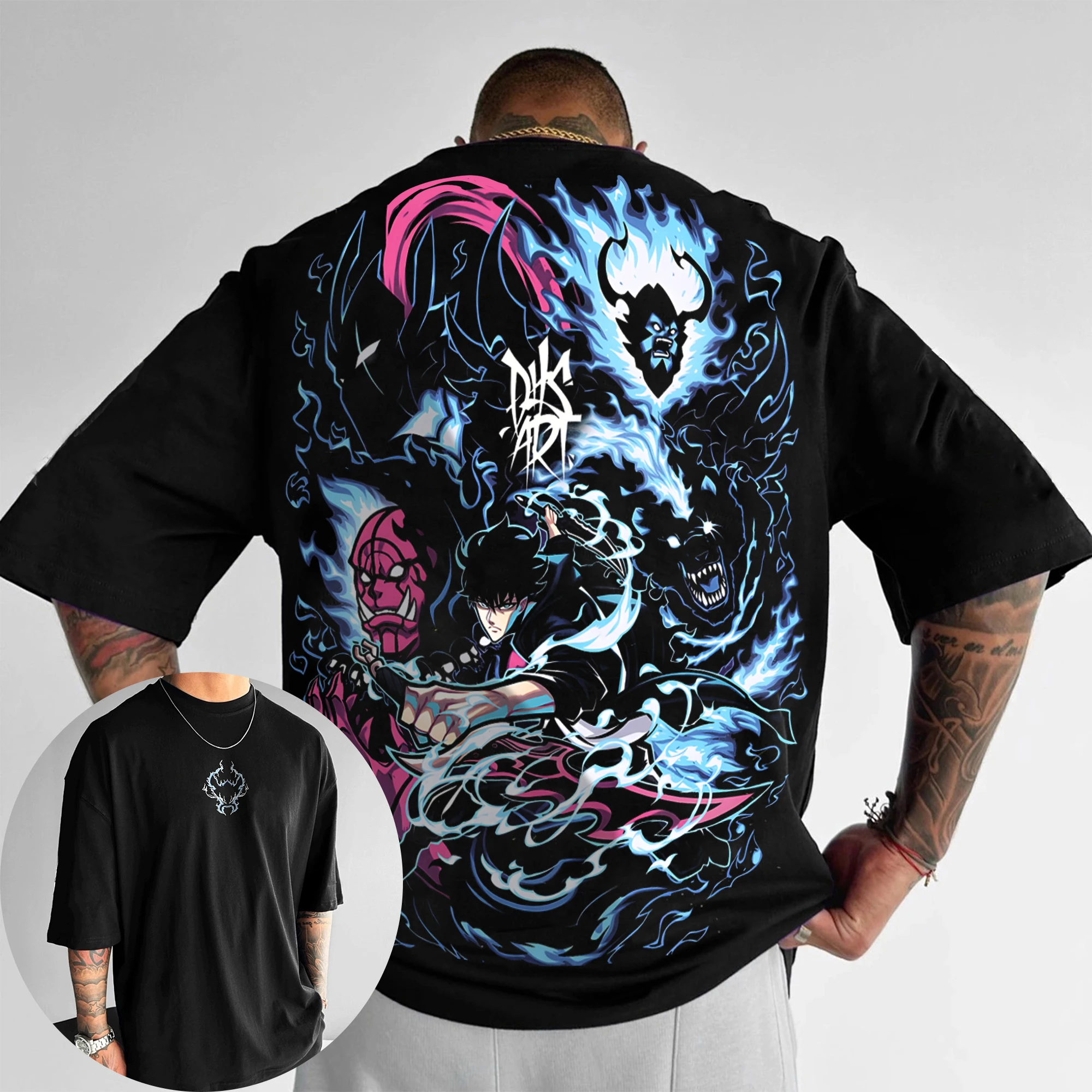 سولو التسوية أنيمي الطرفية تي شيرت 2026 الرجال والنساء الصيف جديد Harajuku كبير عصري Y2K عادية فضفاض الوالدين والطفل