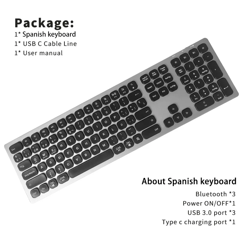 Imagem -05 - Teclado de Alumínio Silencioso Baixo Perfil Teclados Usb Recarregável sem Fio Silencioso Russo Espanhol Apto para Ipad pc