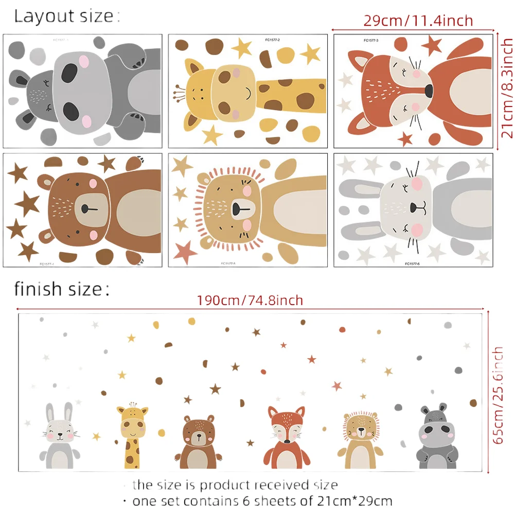 PVC Animal Wall Art Stickers Waterproof and Flexible Material for Long Term Indoor Use Includes 6 Sheets 21 29cm Each
