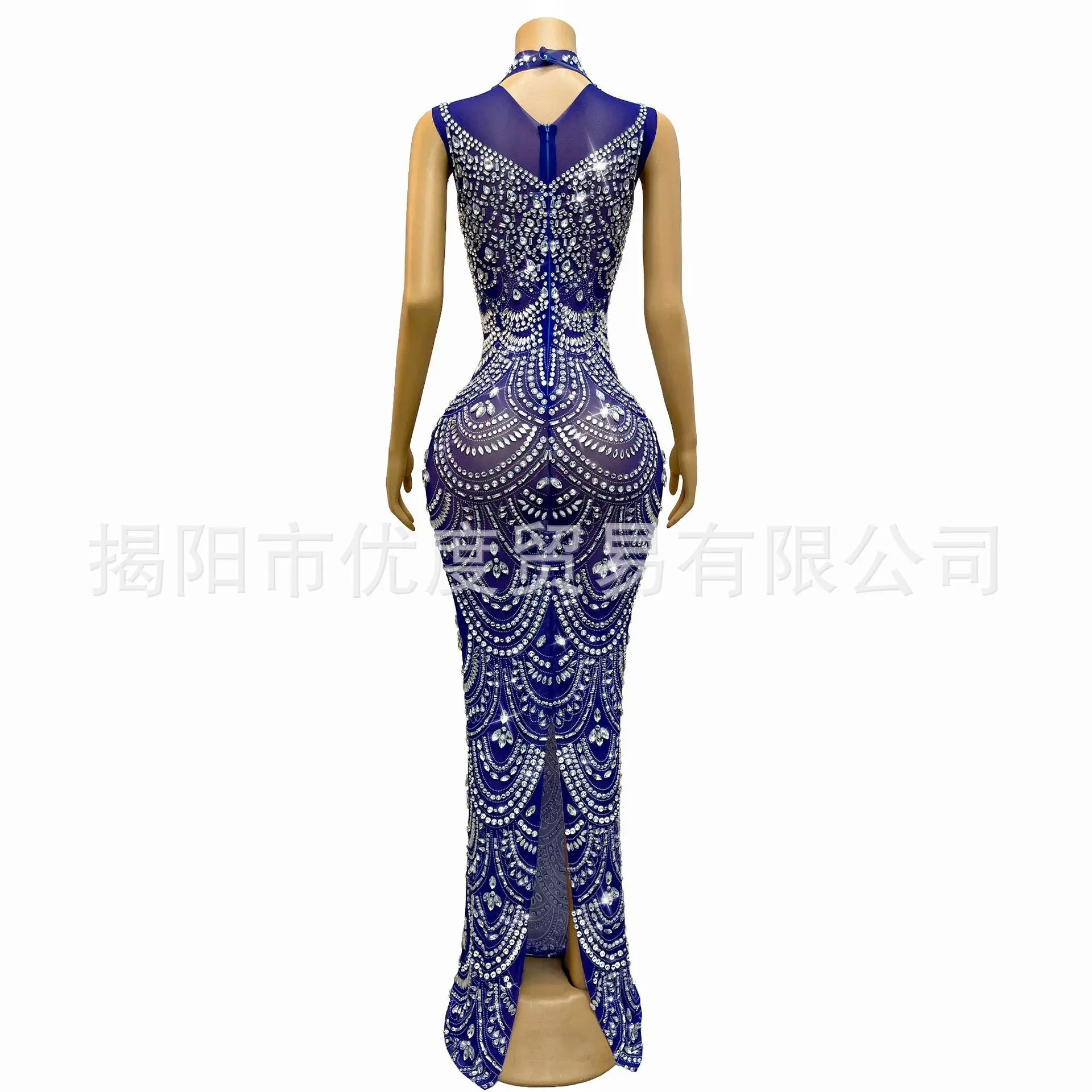 ブルーパーソナリティクリスタルブライトラインストーンメッシュドレス誕生日パーティーパフォーマンスロングドレススリーリーブスブルーローブバルデプロモ