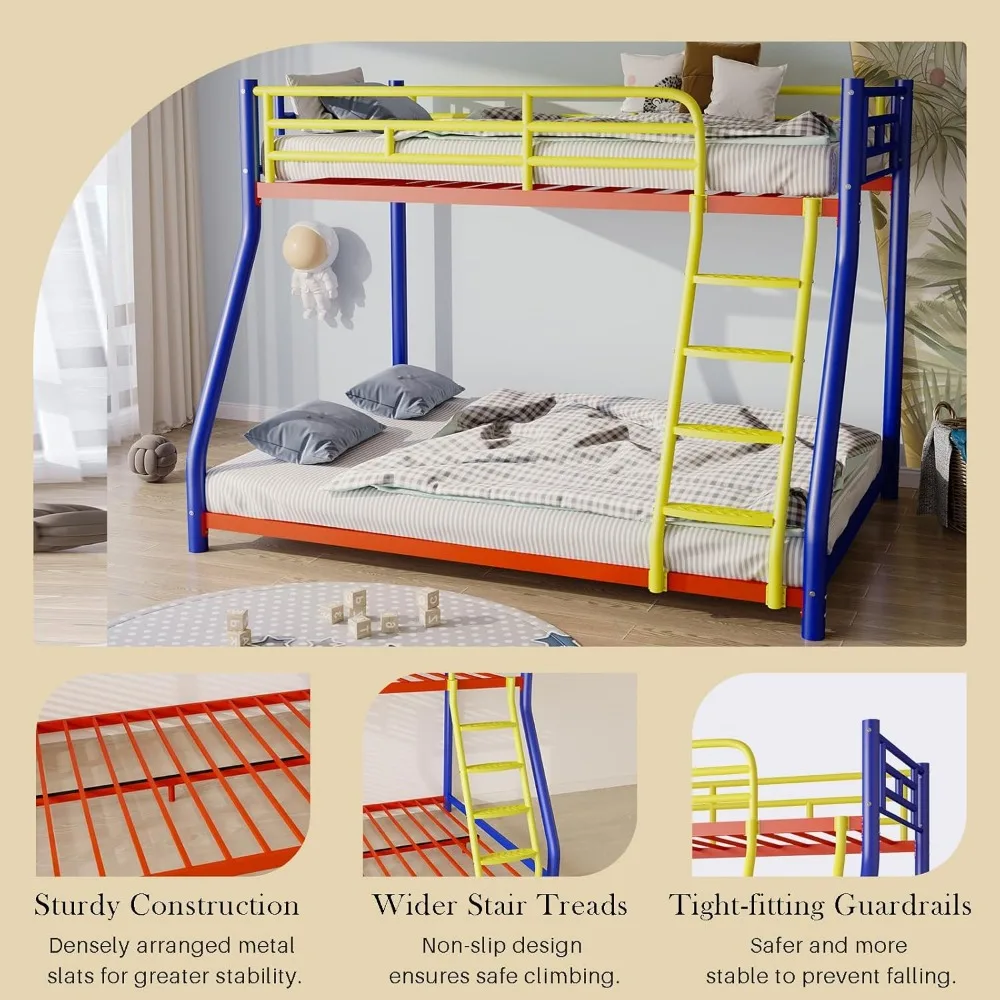 سرير مزدوج بطابقين كامل للبالغين مع حاجز أمان وسلم، إطار سرير ملون كامل الحجم، خيار T للسرير الدائري #4