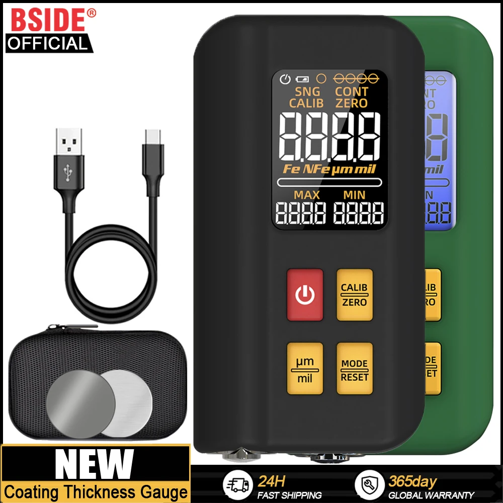 BSIDE. New Coating Thickness Gauge Rechargeable Car Paint Film Thickness Tester Tool 0.1micron/0-1500µm Fe/NFe MAX/MIN Measuring