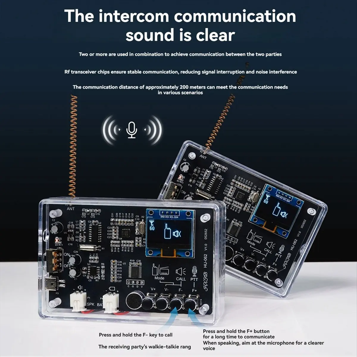 ชุดวิทยุสื่อสาร A64I 2 เครื่อง ชุดประกอบวิทยุ FM ด้วยตัวเอง ความถี่ 409.85MHz ปรับได้ 87-108MHz หน้าจอ OLED ชุดบัดกรี DIY