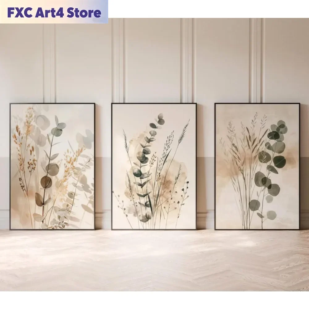 Frameless 3pcs Frameless Plant Wall Neutral Minimalist Prints Scandinavian Bedroom Decor Eucalyptus Triptych Bohemian Living Roo