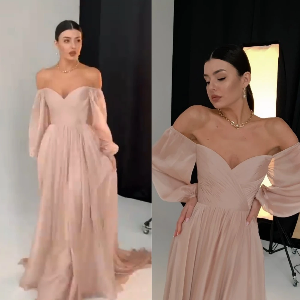 

Customized Exquisite Off-the-shoulder A-line Prom Dresses Skirts Draped Fold Organza Floor length Evening Simple robe femme soi