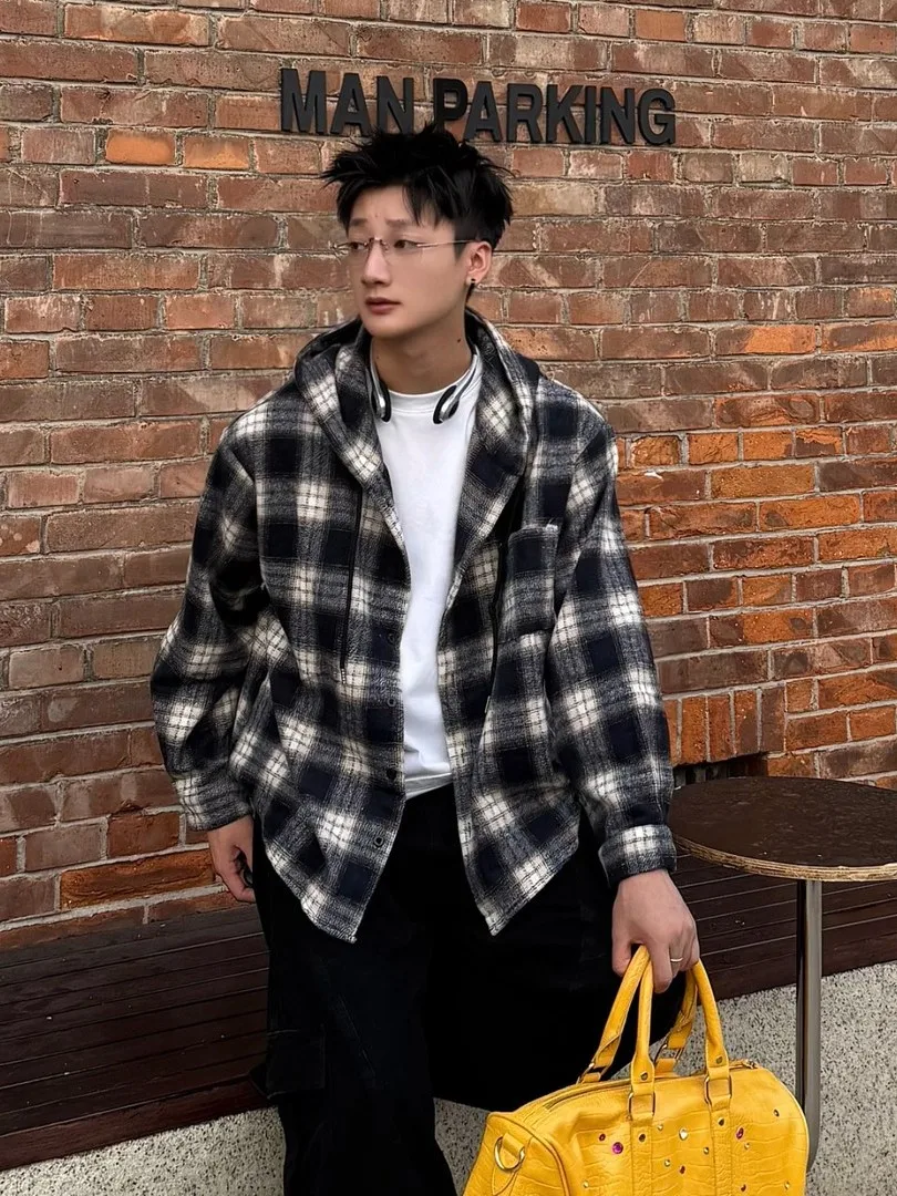 

Retro American Brued Plaid Hooded irt Men's Loose Lazy Sle Spring Autumn Couple Casual Open Cardigan Coat