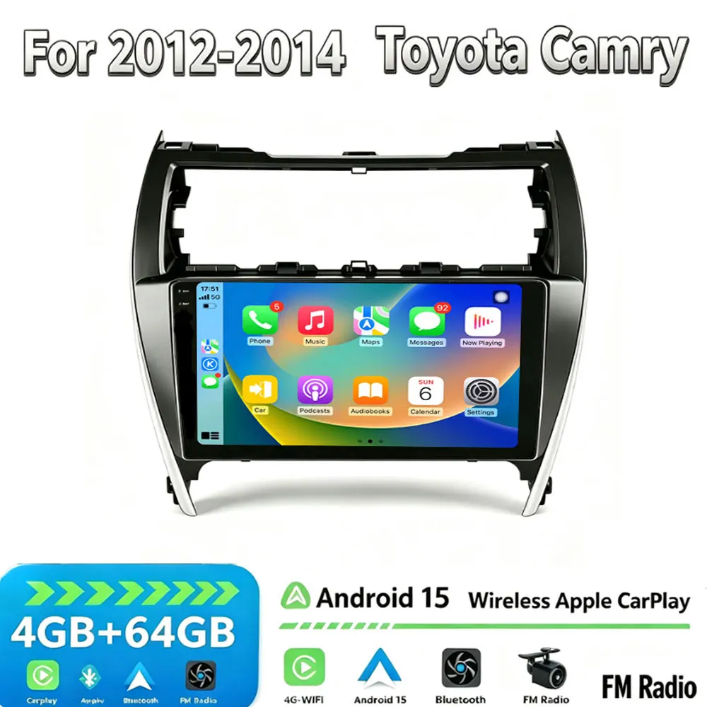10''For 2012-2014 Toyota Camry Android 15 Car Stereo Radio Wireless Apple CarPlay Android Auto GPS Navigation + Rear View Camera