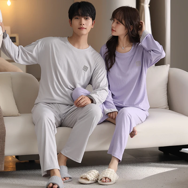 Couple Nightwear Suit Spring Sweet Cute Long Sleeve Pajamas For Male Female Solid Color Homewear Men M-4XL Cotton Pijamas Mujer