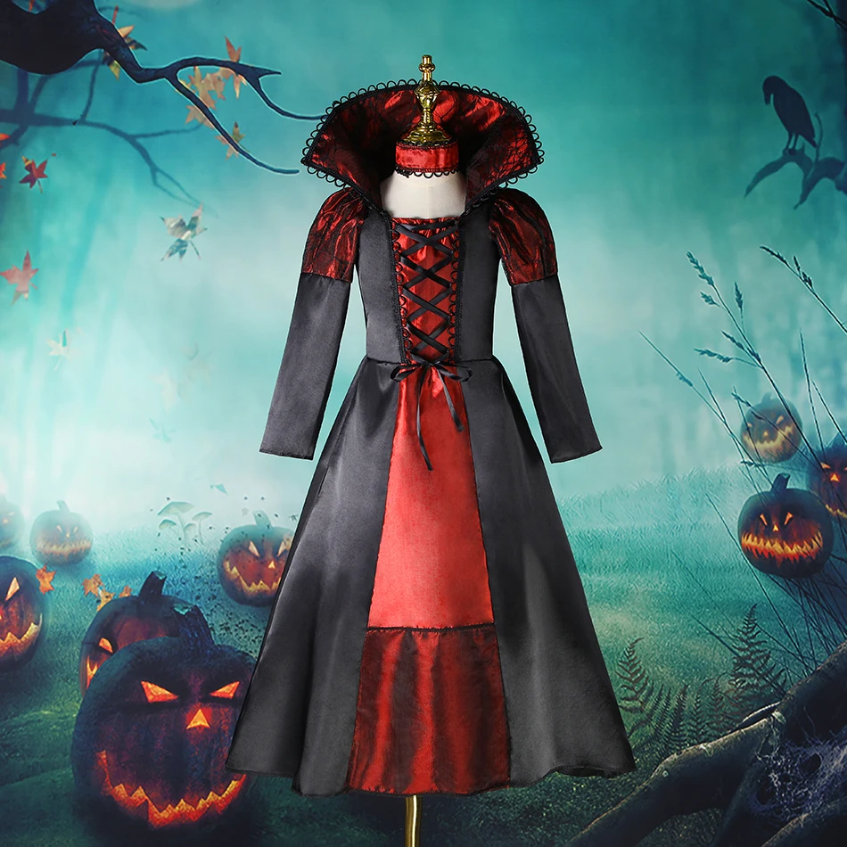 Halloween Girls Costume Vampire Long Dress Ghost Cosplay Carnival Party Performance Children Clothing Disguise Outfits Gothic