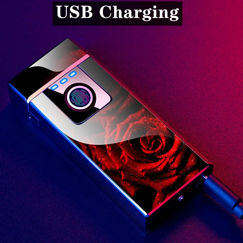 Luxury Smart Chip Fingerprint Recognition Induction Ignition USB Charging Large Flame Lighter LED Power Display Gift Box