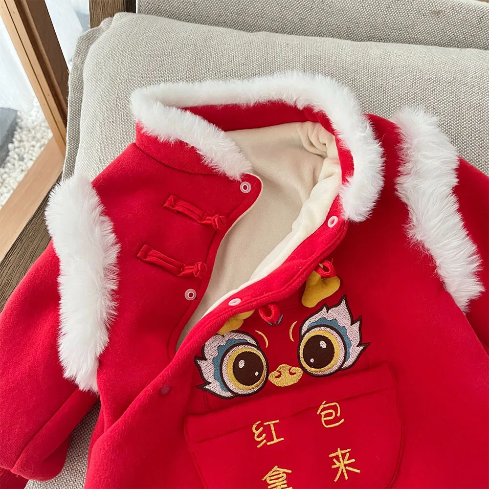 Baby Rompers Long Sleeve Winter Fleece Thicken Warm Newborn Boy Clothes Red Color Chinese Style New Year Baby Girl Onesie