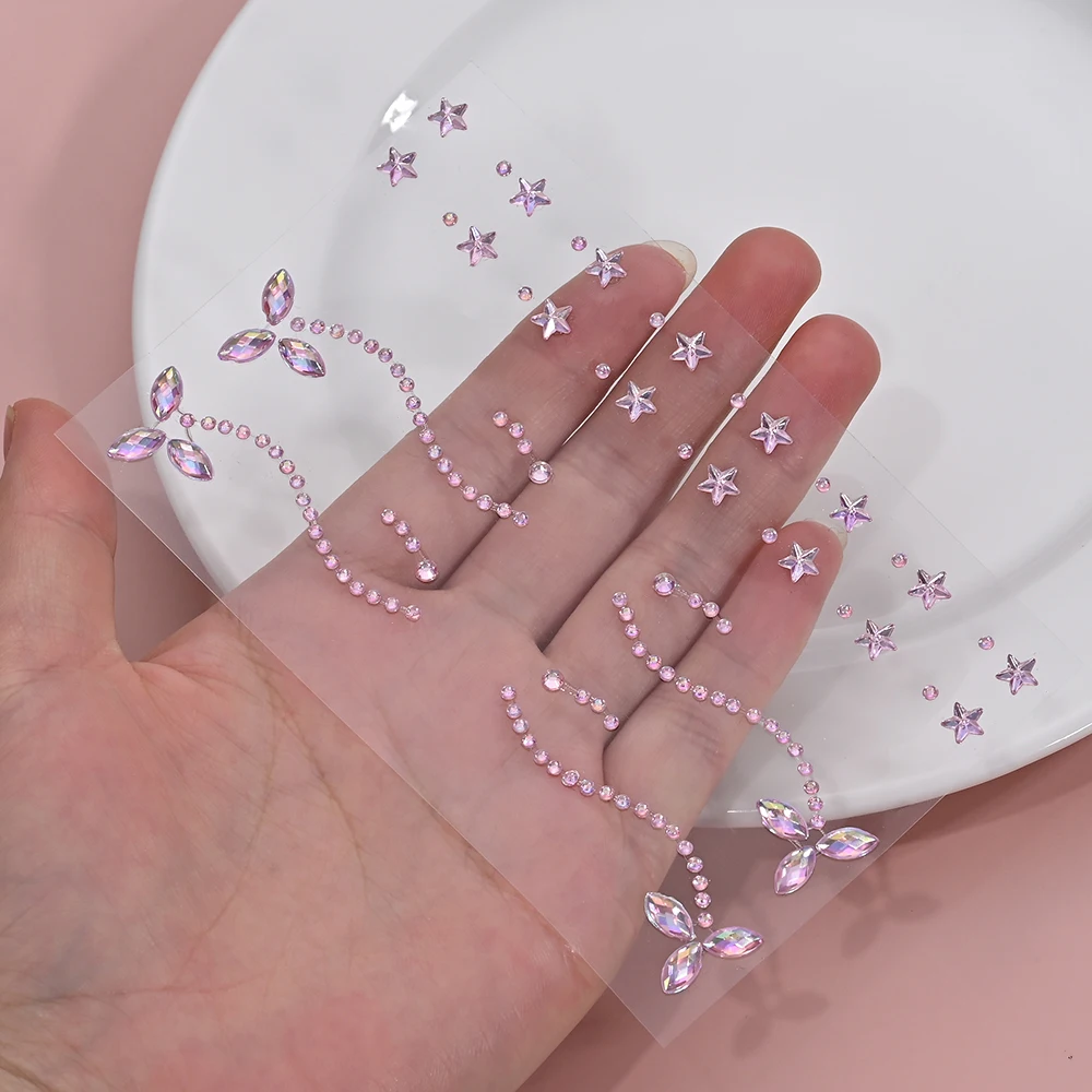 1Pcs 3D Pink Flower Star Face Gems Stickers Rhinestones Self-Adhesive Temporary Tattoo for Party Body Eye Makeup Jewels Decorati
