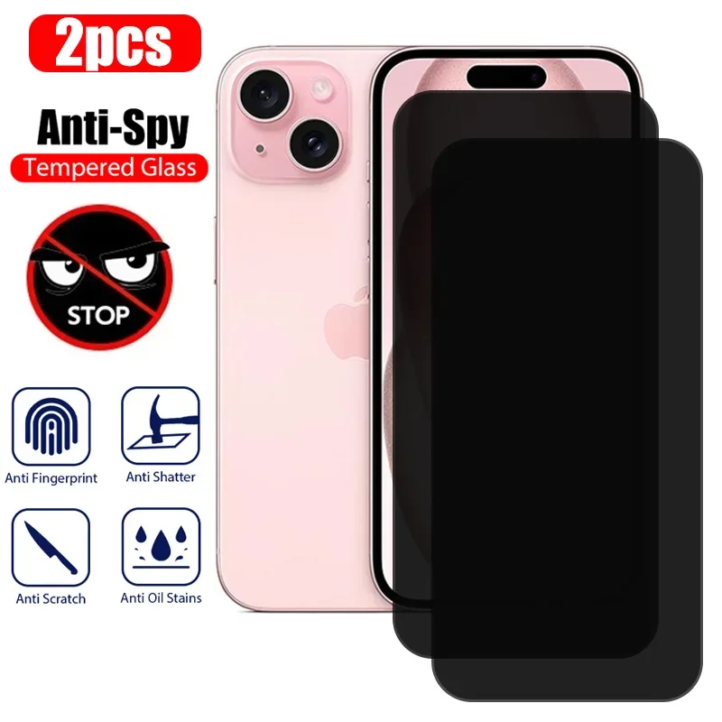 Protetor de Tela Anti-Espião para iPhone, Vidro de Privacidade no iPhone XR, X, XS, 7, 8 Plus, 15, 14, 13, 12, 11, 16 Pro Max, Mini, SE, 2020, 2pcs