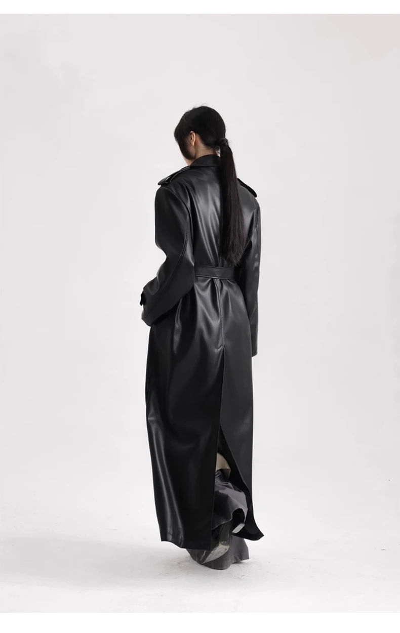 Lautaro Spring Autumn Extra Long Black Soft Pu Leather Trench Coat for Women Double Breasted Loose Casual Korean Fashion 2024