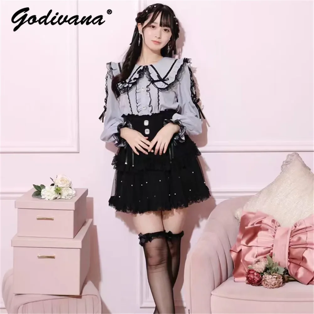 Japanese Style New Female Sweet Lace Lapel Long-sleeved Top Shirt Spring and Autumn Women's Lolita Blouse Inner Tops