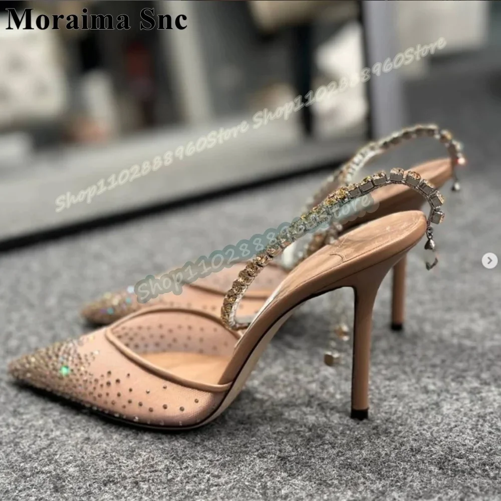 

Sparkling Apricot Shallow Crystals Pointy Sandals Thin High Heel Shoes For Women Crystal Buckle Chain Pointed Toe Luxury Sandals