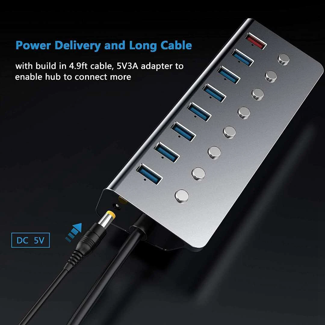 

B68A USB-концентратор, 7 портов, USB3.0, 5 Гбит/с + 1 USB-порт для зарядки, концентратор-сплиттер, расширение с независимым переключателем, внешний источник питания