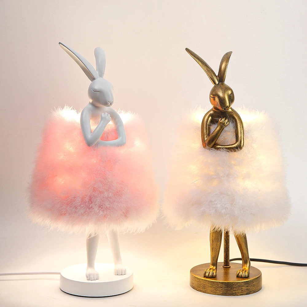 Rabbit Feather Floor Lamps Cute Rabbit Shape Resin Creative table Lamp Bedside Lamp Gift Decor LED Bedroom Retro Feather Lamp