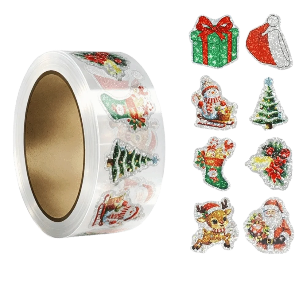 500 Sheets/roll Laser Self-Adhesive Christmas Stickers Self Adhesive Xmas Tree Label Stickers Santa Claus Roll-Pack