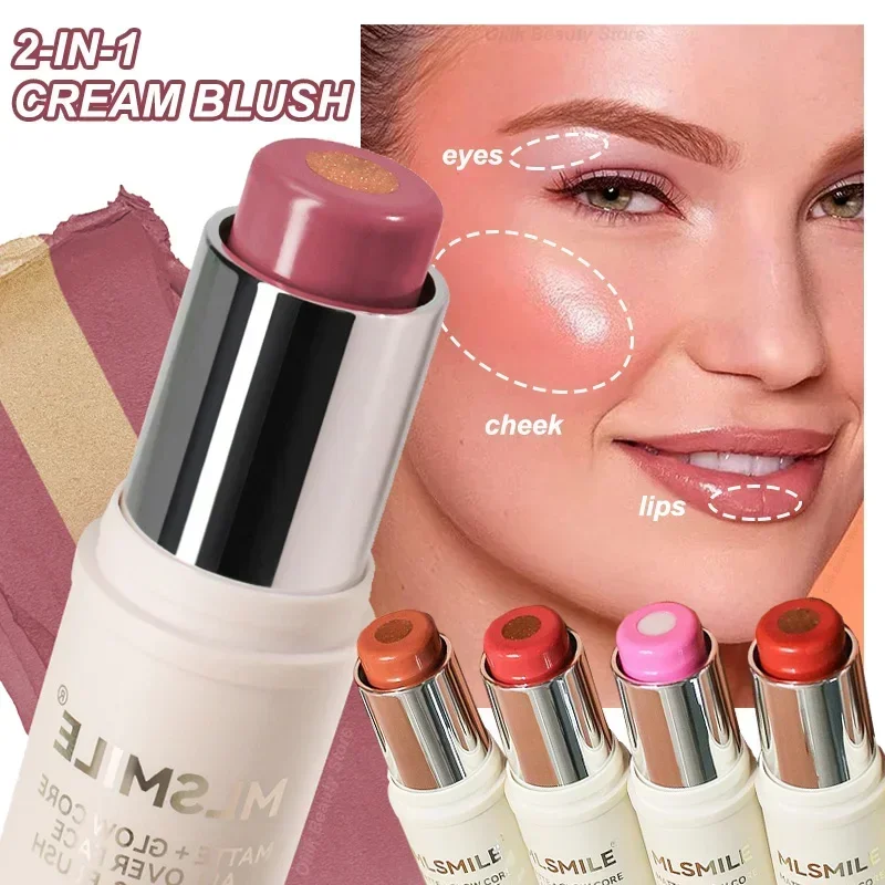 Colorete en barra de crema mate multiusos, pigmento de alto brillo, herramienta de bálsamo de maquillaje tipo sándwich para mejillas, ojos, labios, colorete hidratante 2 en 1