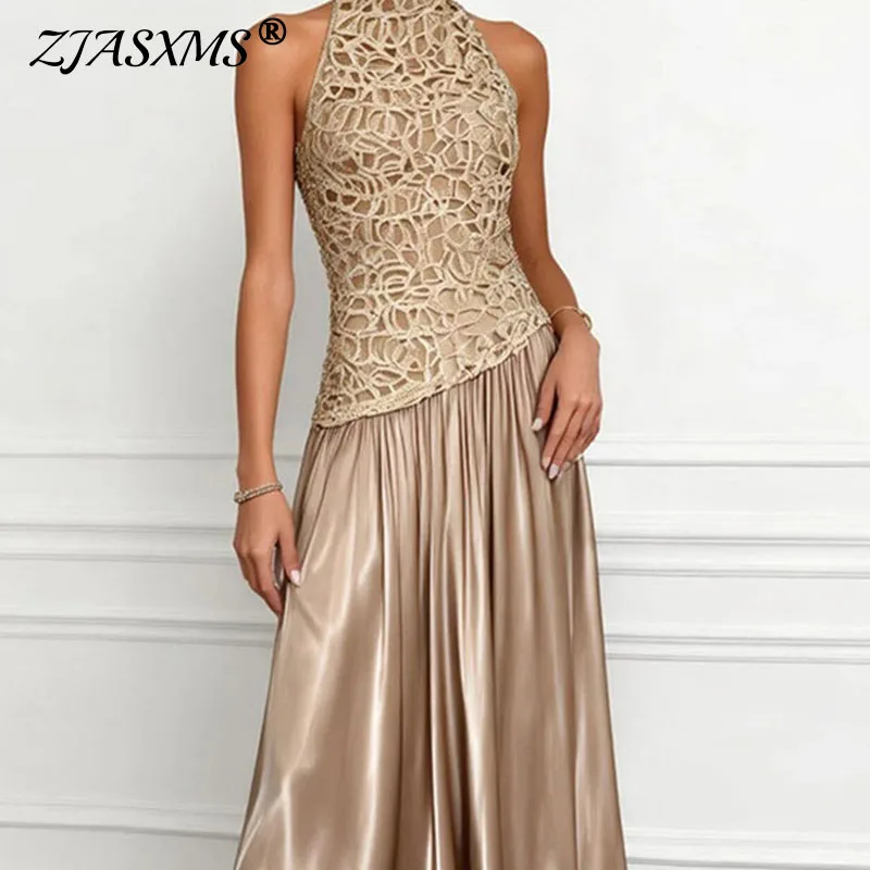Sexy Spitzen-Häkelkleid mit Einsätzen für Bankette, Damen Frühling O-Ausschnitt Hochgeschnittenes Tailliertes Plissiertes Langes Kleid, Sommer Ärmelloses Boho Maxikleid